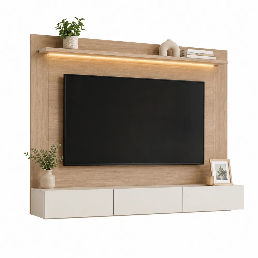Centro de Entretenimiento de Pared de Madera con Luz LED