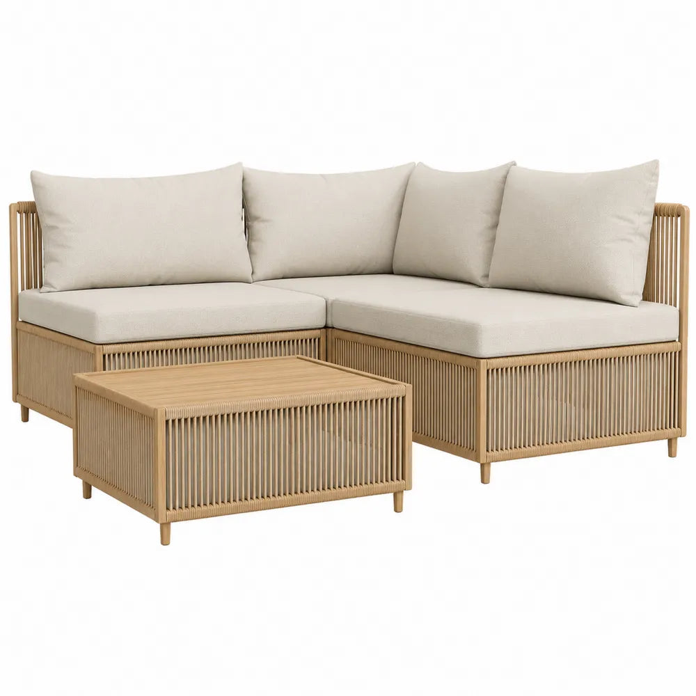 Set de sofás rinconeros de ratán sintético beige con cojines crema