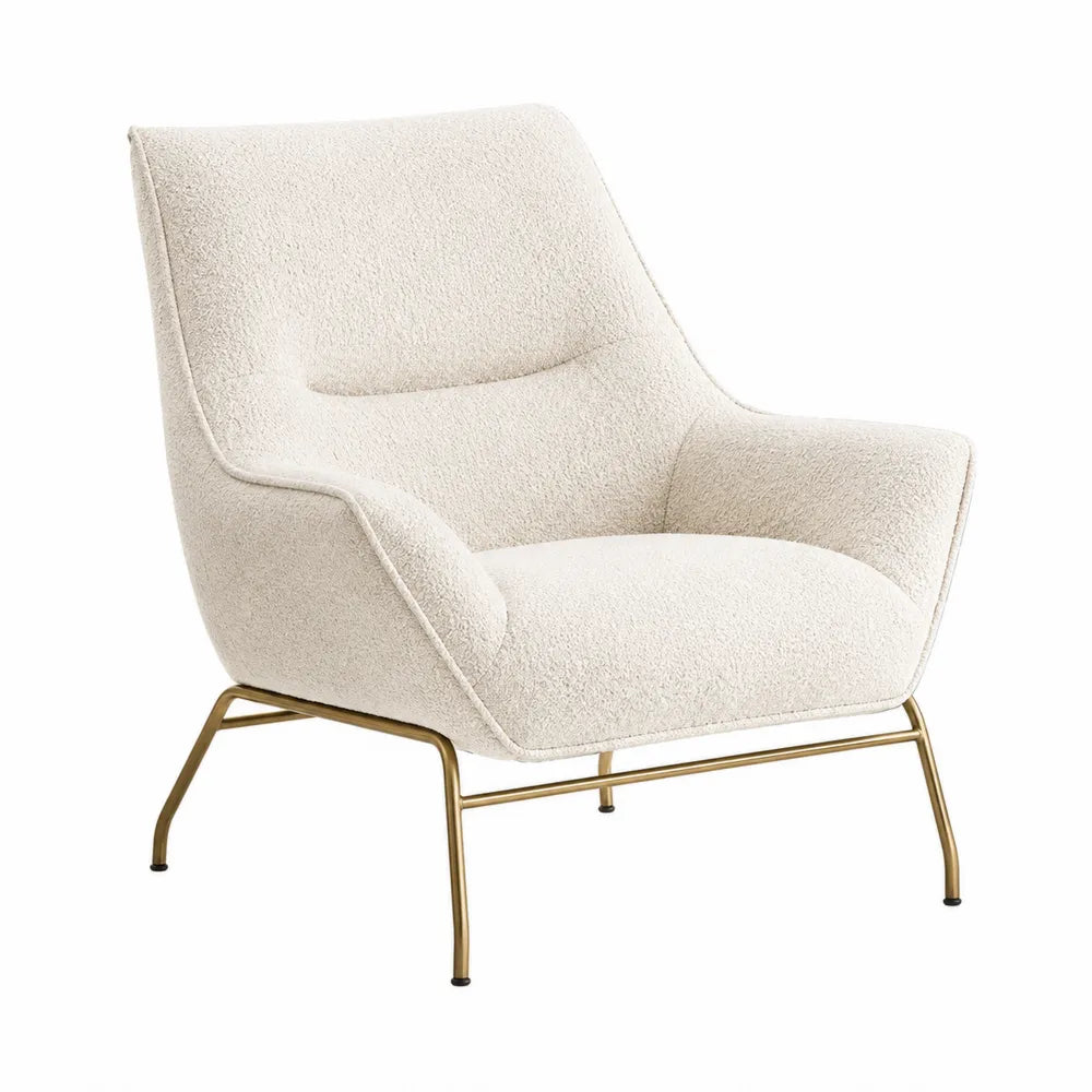 Sillón de tela bouclé crema con patas metálicas doradas