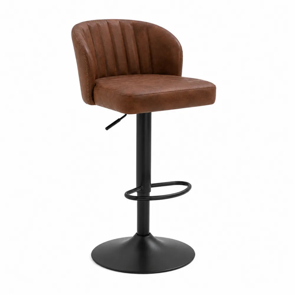 Taburete de bar ajustable en altura marrón con asiento de cuero sintético y base de metal