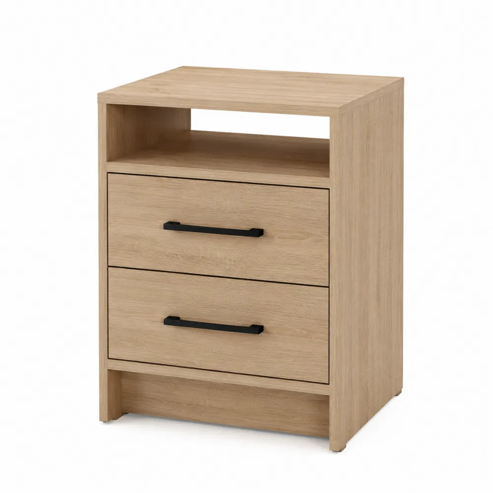 Mesita de noche de madera con 2 cajones y estante