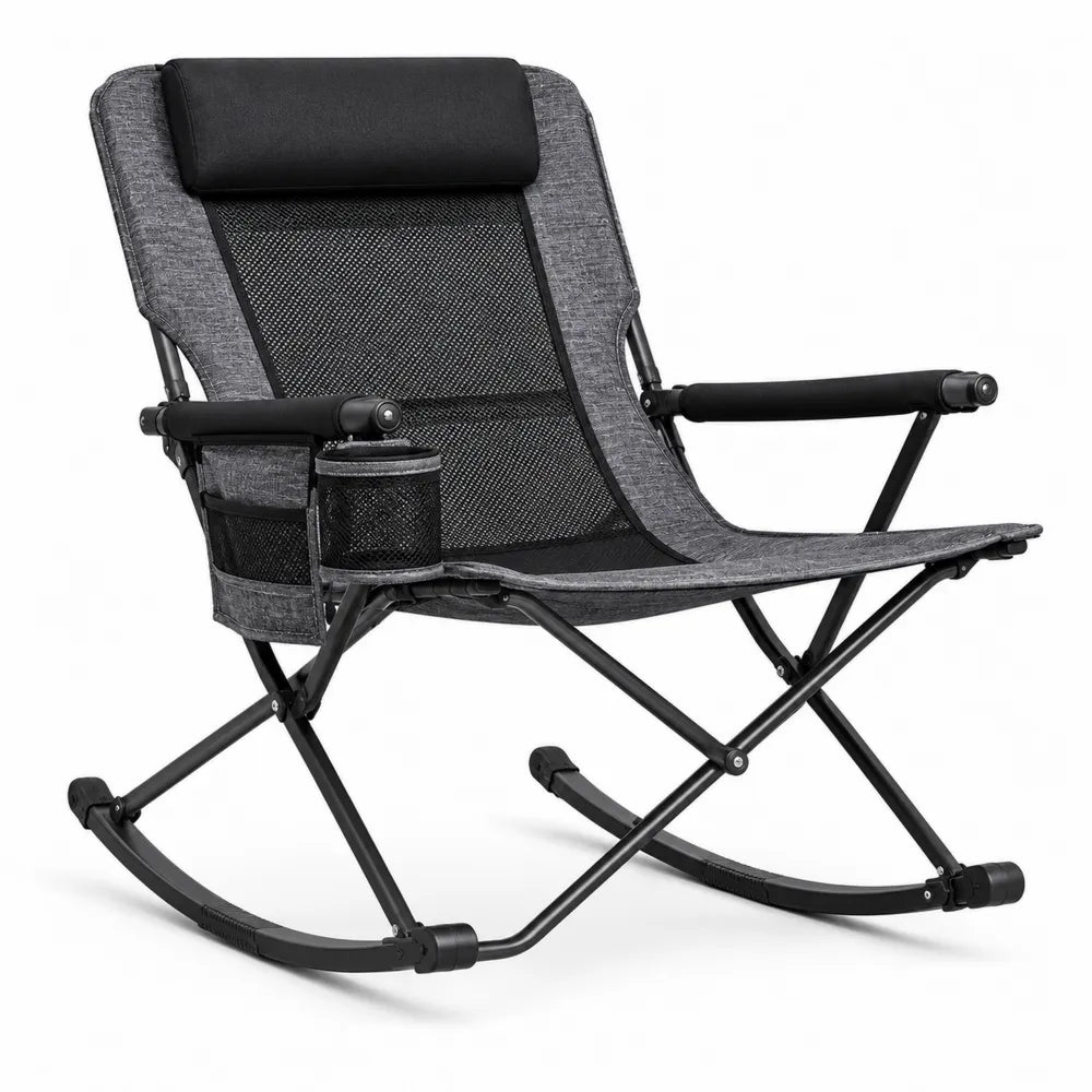 Silla mecedora plegable de acero y tejido gris/negro