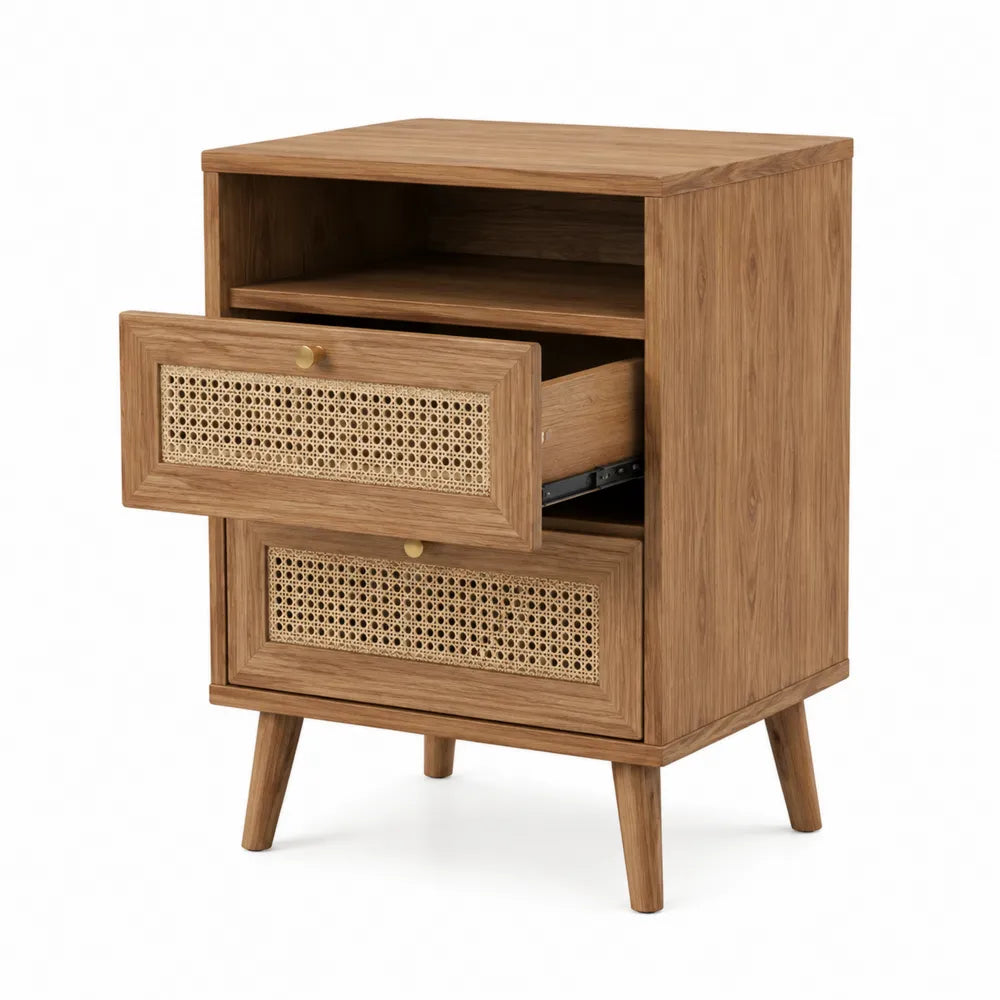 Mesita de noche de madera de roble y ratán natural