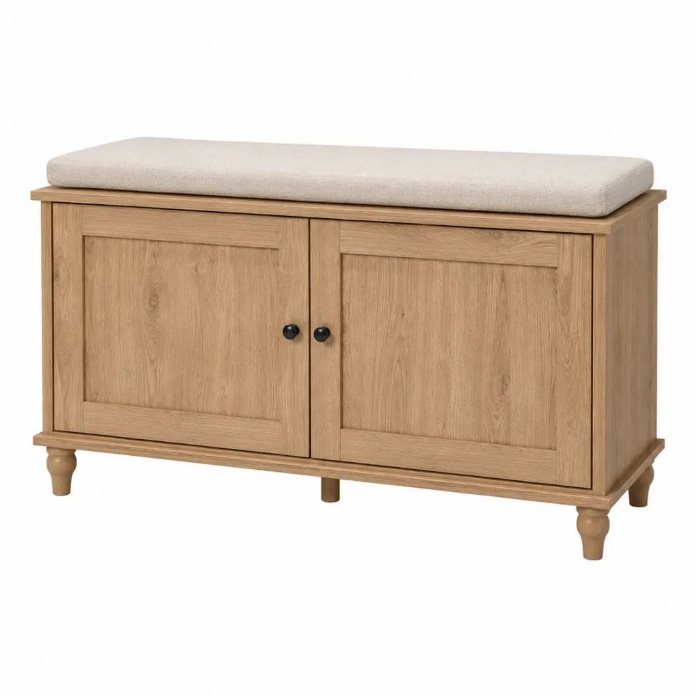 Banco de madera con cojín beige y almacenamiento