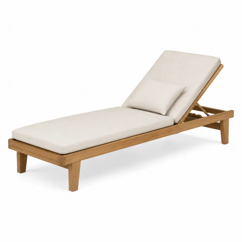 Tumbona de madera con cojín ajustable y funda beige