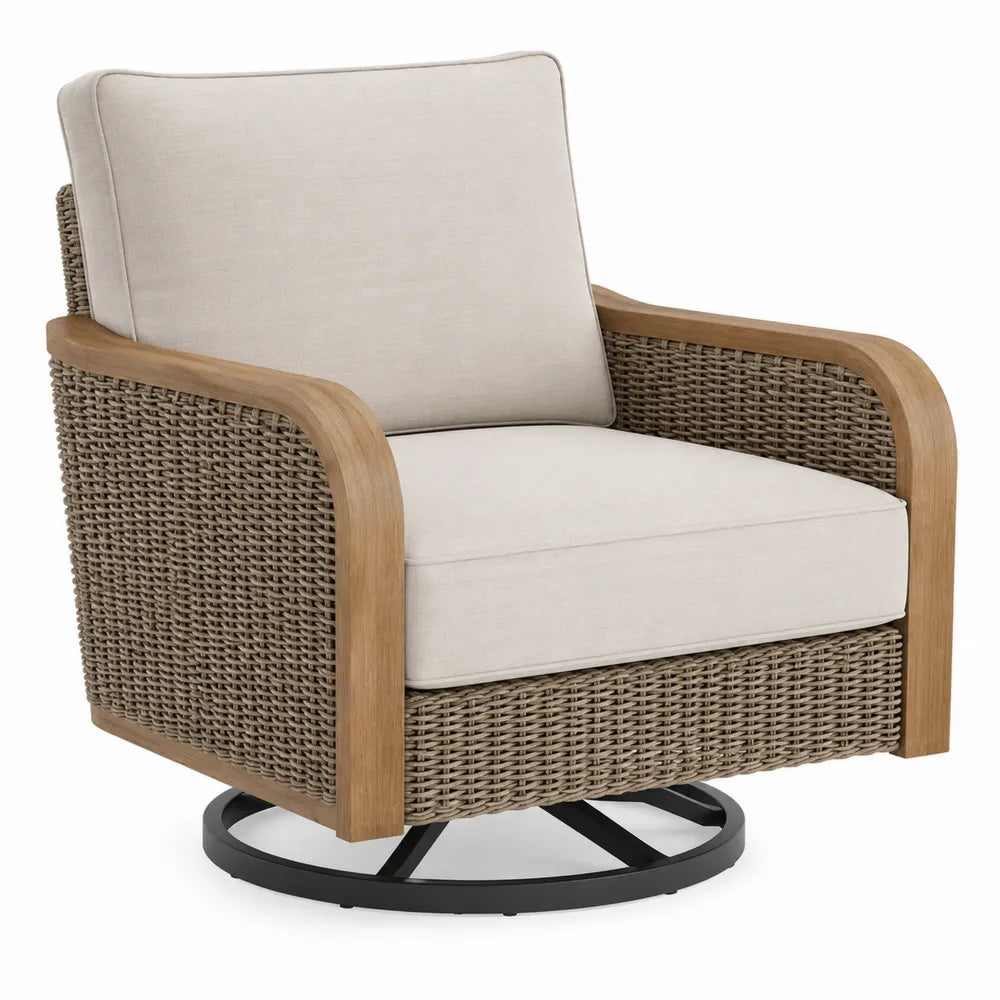Sillón giratorio de ratán sintético y madera de acacia beige
