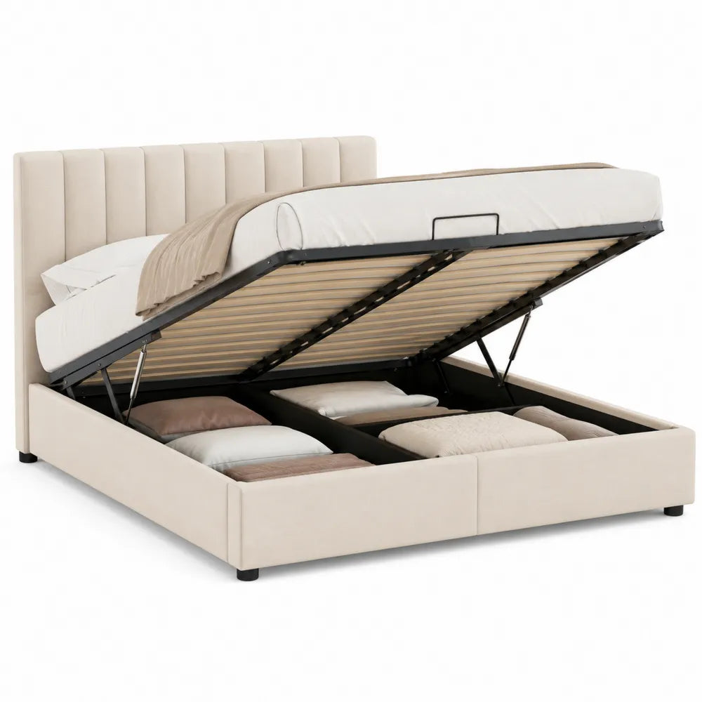 Cama con almacenamiento beige 200x160 cm estructura metálica y tela de poliéster