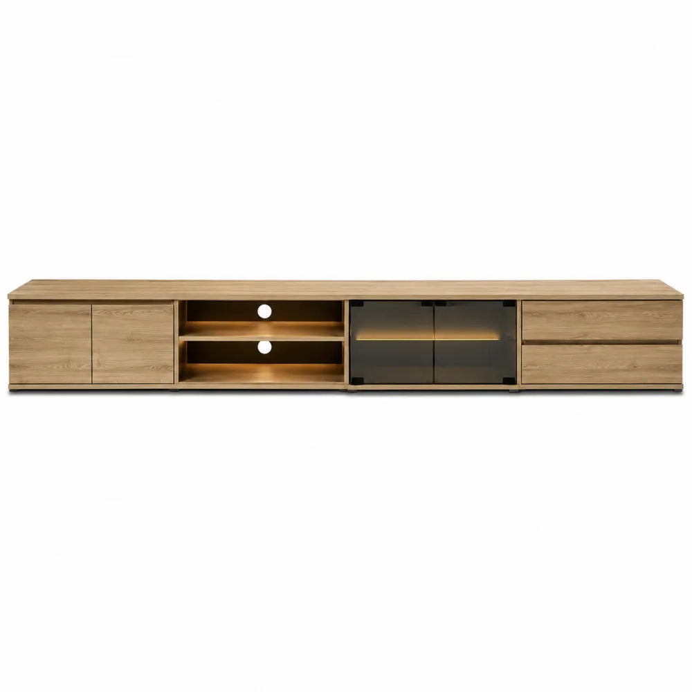 Mueble de TV de madera contrachapada con puertas de cristal templado 240 cm