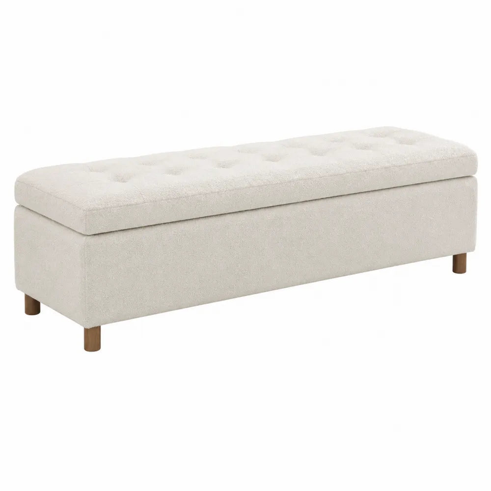 Banco de almacenamiento tapizado beige con patas de madera