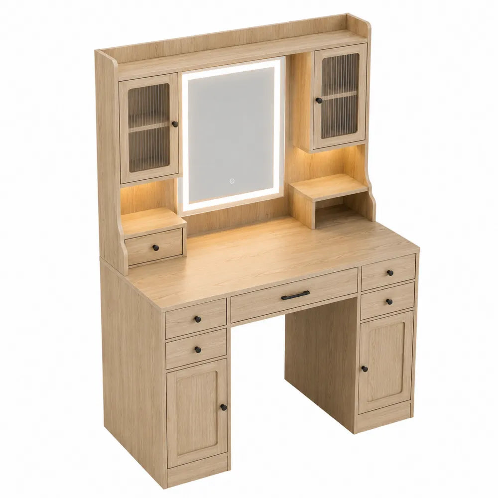 Tocador de madera contrachapada con espejo LED con almacenamiento