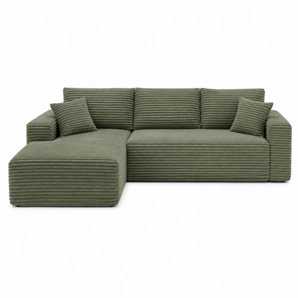 Sofá modular en L de pana verde con chaise longue, 300 cm