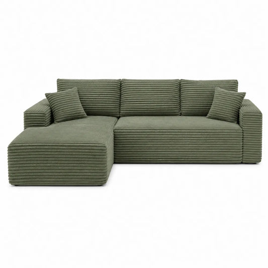 Sofá modular en L de pana verde con chaise longue, 300 cm