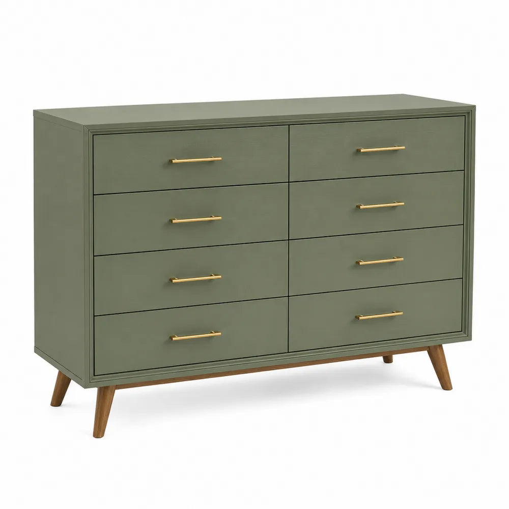 Cajonera de madera verde oliva con tiradores dorados y 8 cajones