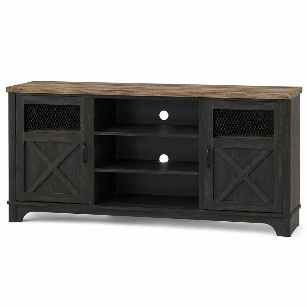Mueble de TV de madera y metal con estanterías 140x40x70 cm