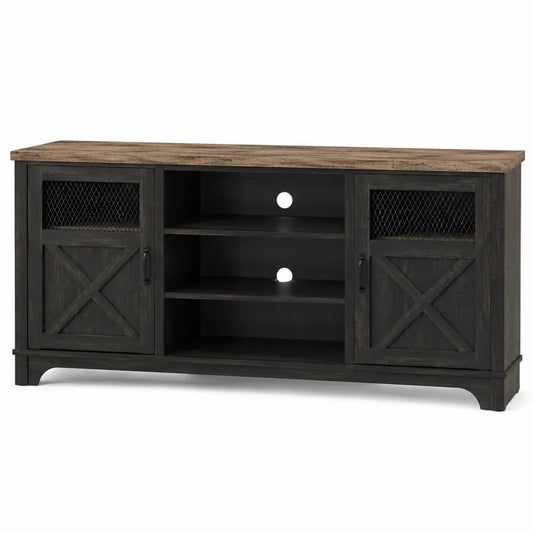 Mueble de TV de madera y metal con estanterías 140x40x70 cm
