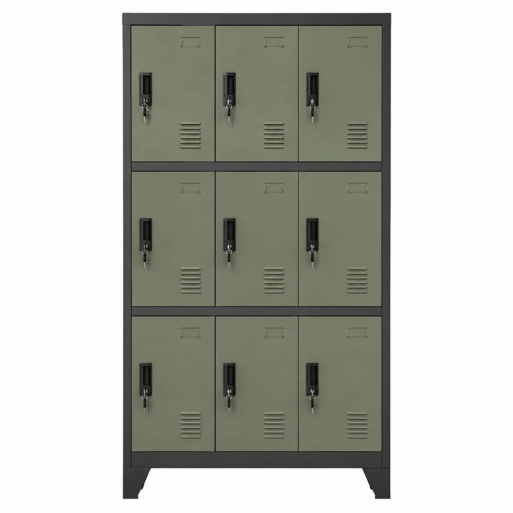 Taquilla metálica de 9 puertas de acero verde oliva 90x40x180 cm