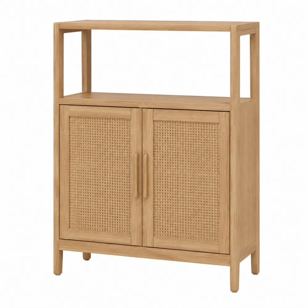 Armario de madera y ratán con dos puertas
