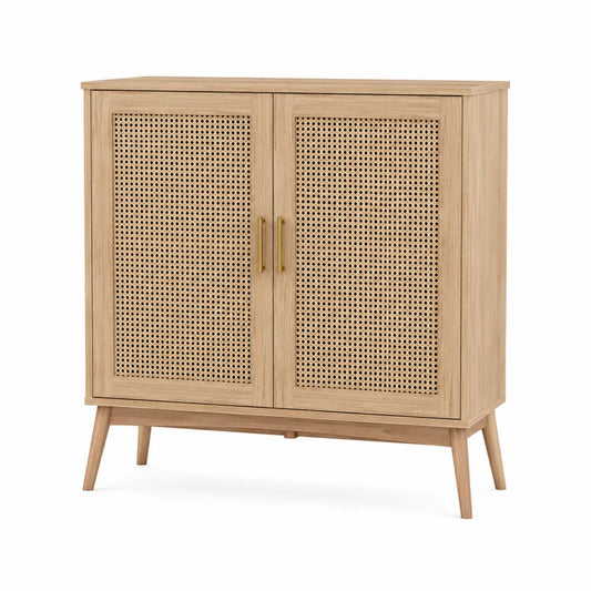 Aparador de Madera de Roble con Puertas de Ratán 80 cm