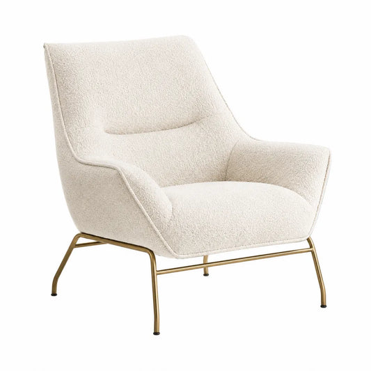 Sillón de tela bouclé crema con patas metálicas doradas