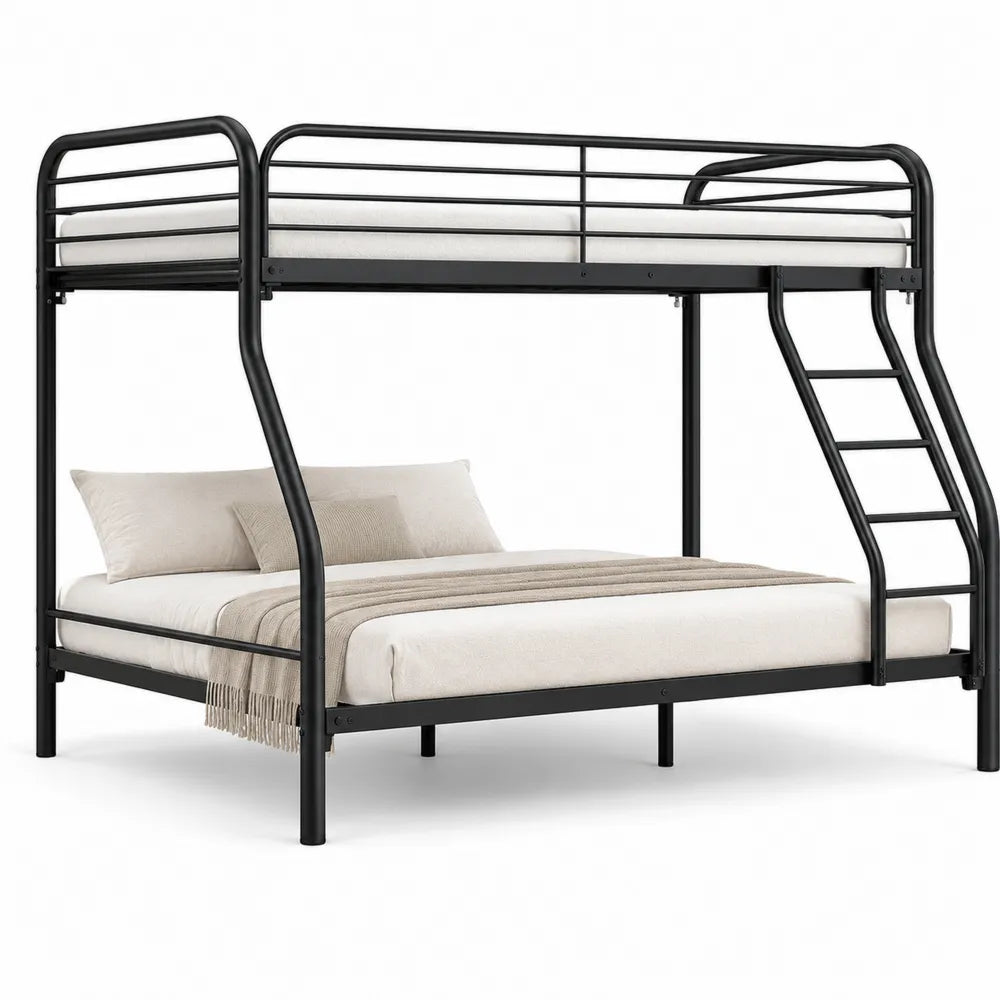 Litera de metal negra con escalera y colchones dobles