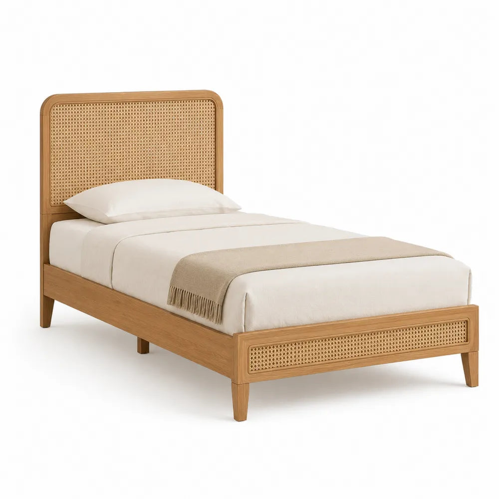 Cama individual de madera de roble y ratán 200x90 cm