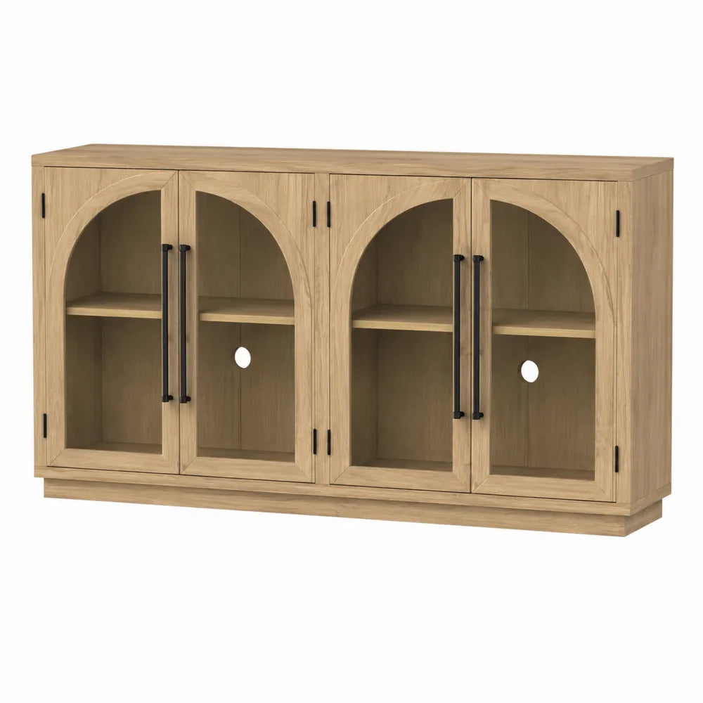 Aparador de Madera Roble con Puertas de Vidrio Templado y Estantes Ajustables