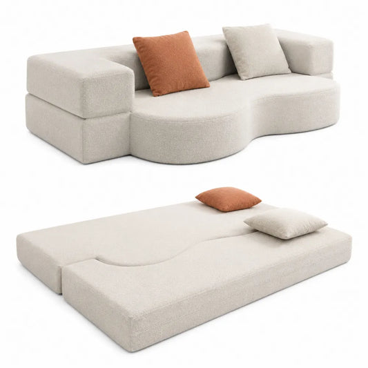 Sofá cama modular de tela beige y marrón