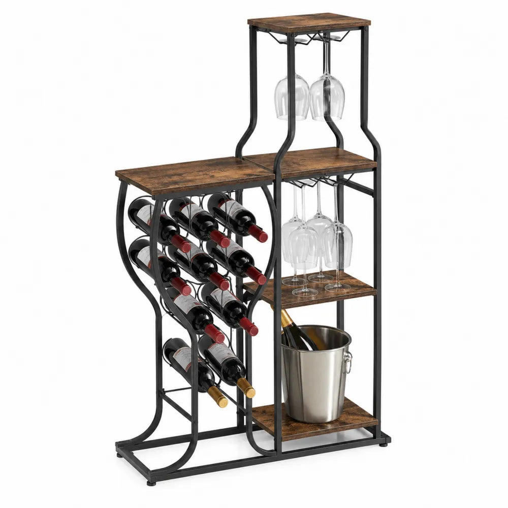 Estante de vino de metal y madera con soporte para copas