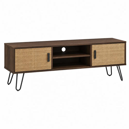 Mueble para TV con puertas de mimbre y patas de acero