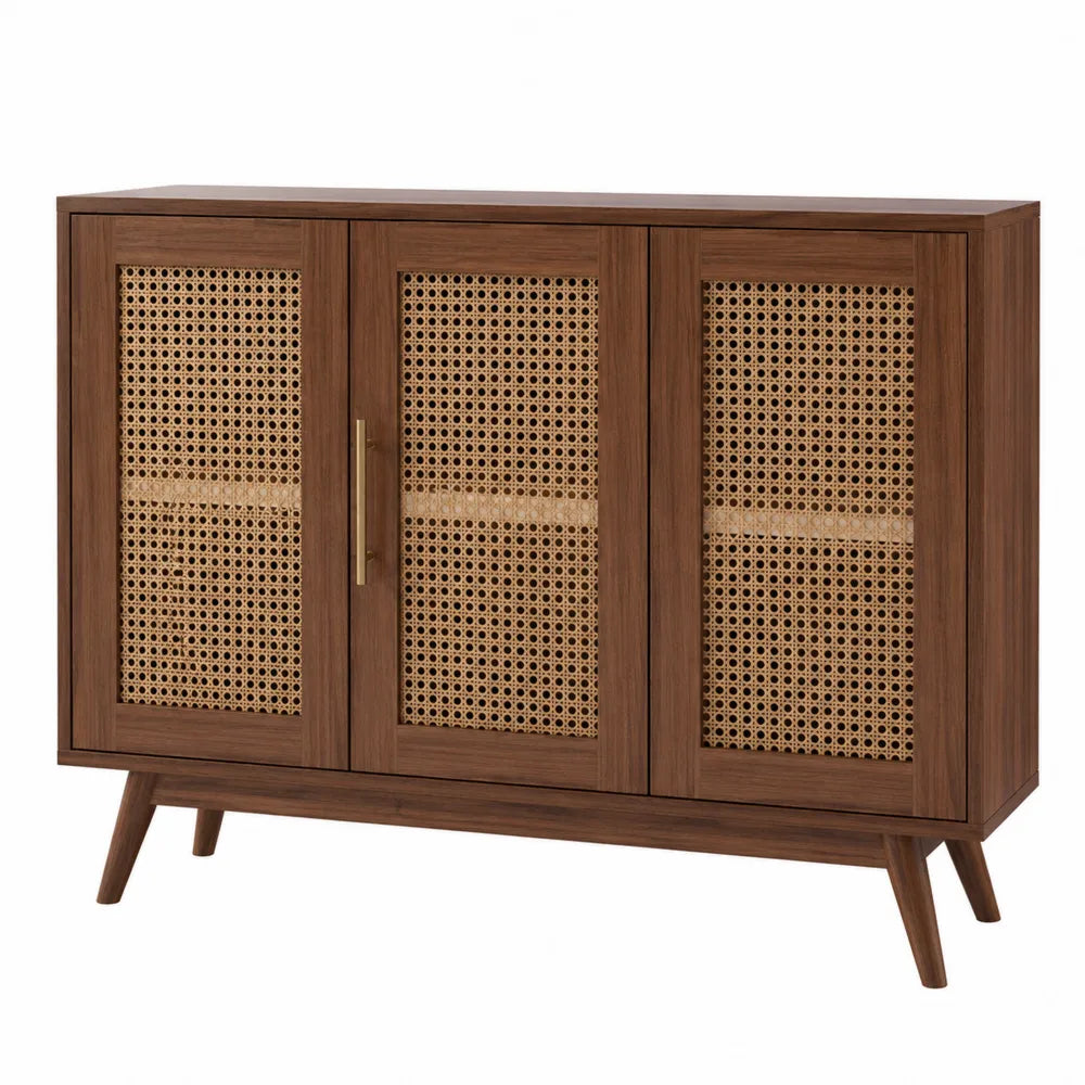Aparador de Madera de Nogal y Rejilla de Ratán Marrón 120x40x80 cm