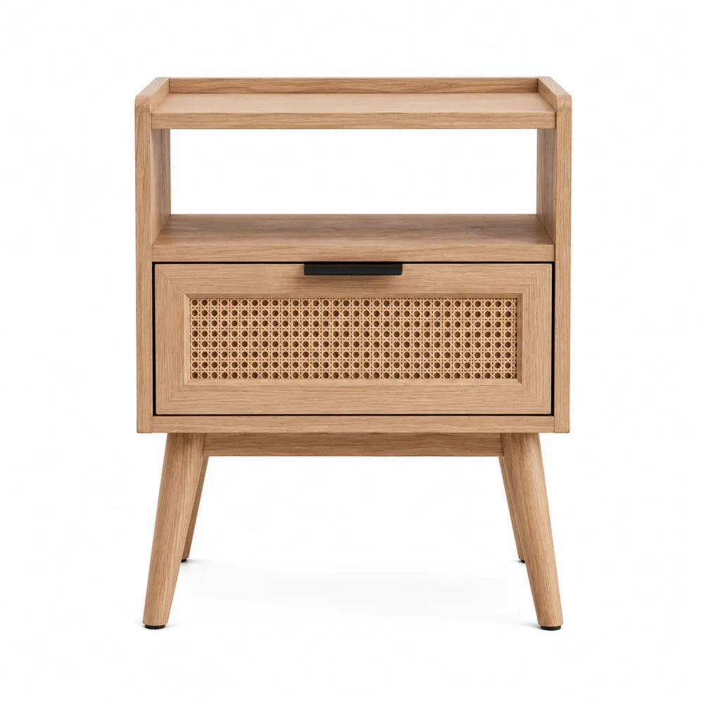 Mesita de noche de madera con cajón de ratán y estante abierto 60x40x55 cm