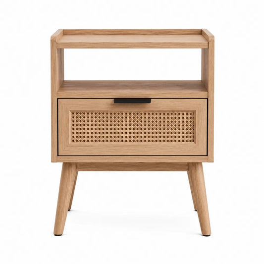 Mesita de noche de madera con cajón de ratán y estante abierto 60x40x55 cm
