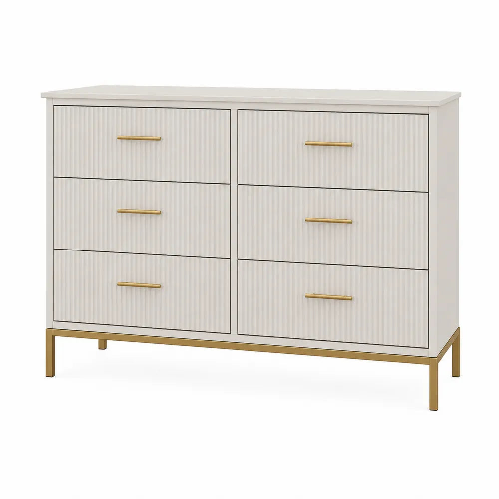 Cómoda de MDF y acero con 6 cajones blancos y tiradores dorados
