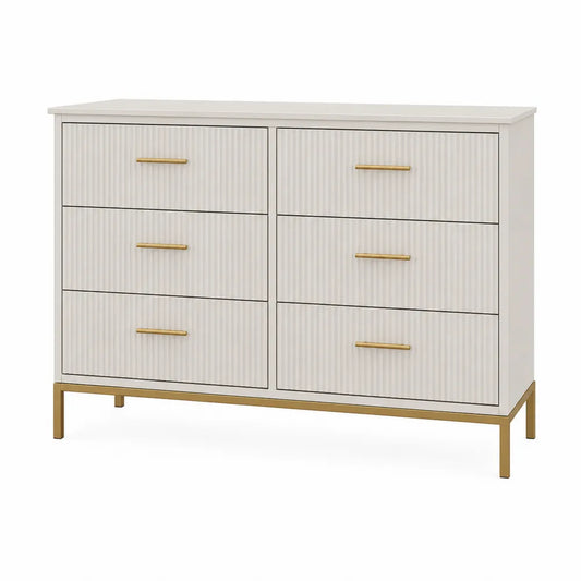 Cómoda de MDF y acero con 6 cajones blancos y tiradores dorados