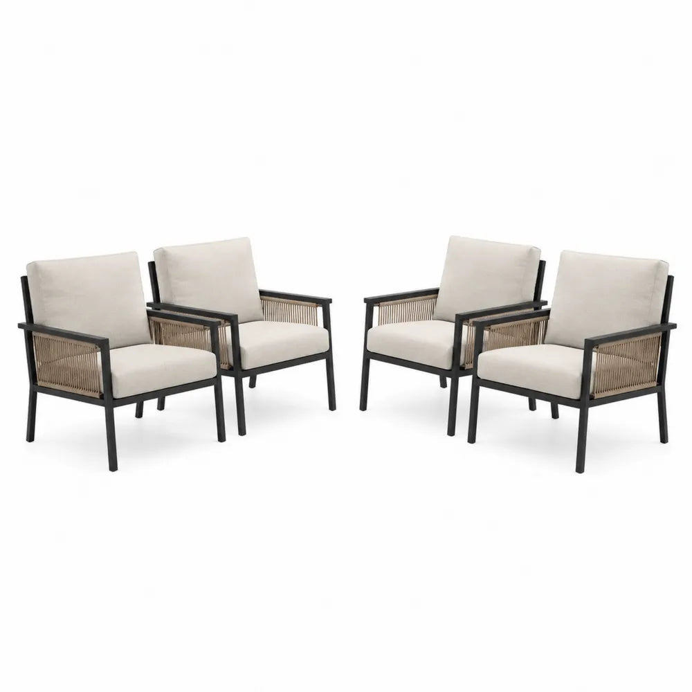 Set de 4 sillones de aluminio y cuerda color crema
