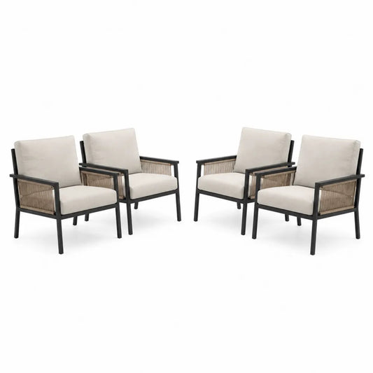 Set de 4 sillones de aluminio y cuerda color crema