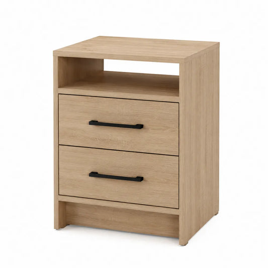 Mesita de noche de madera con 2 cajones y estante
