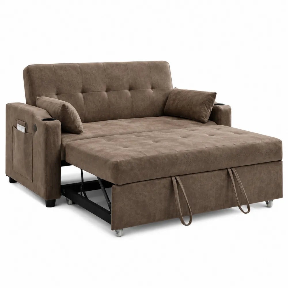 Sofá cama de microfibra marrón con almacenamiento 200x140 cm