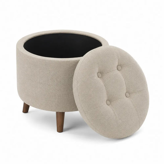 Taburete redondo de tela beige con almacenamiento y patas de madera