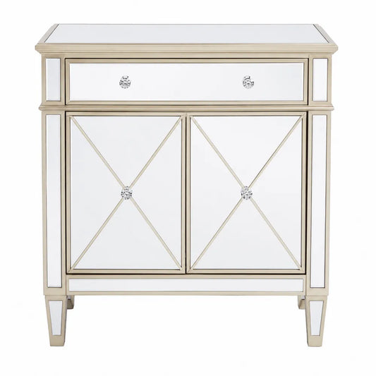 Aparador de MDF y espejo con cajón y puertas en plata 90x35x85 cm