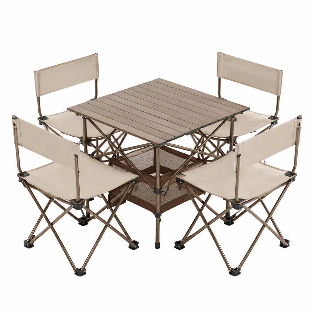 Juego de mesa y sillas plegables de acero y poliéster beige