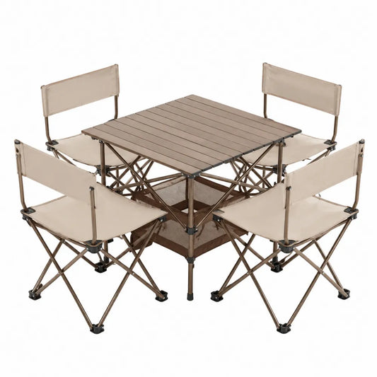 Juego de mesa y sillas plegables de acero y poliéster beige