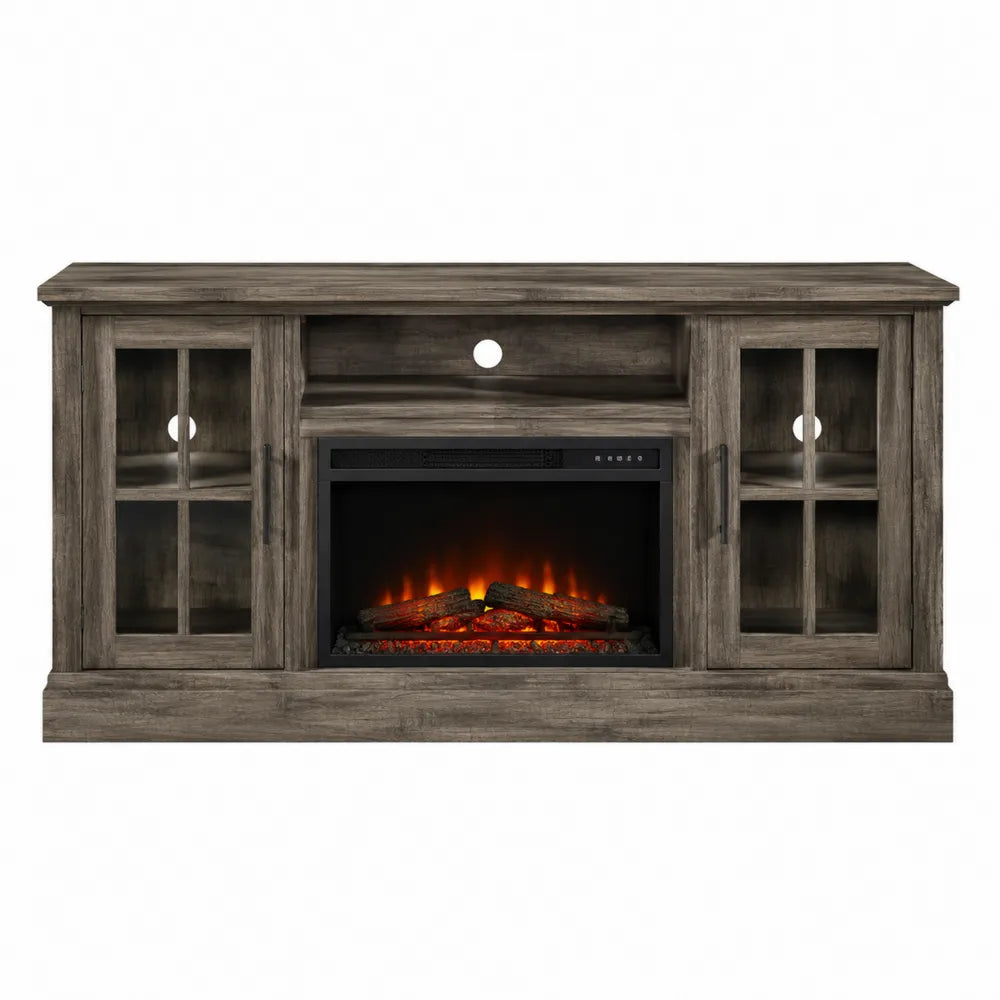 Mueble de TV de madera con chimenea eléctrica y puertas de vidrio transparente