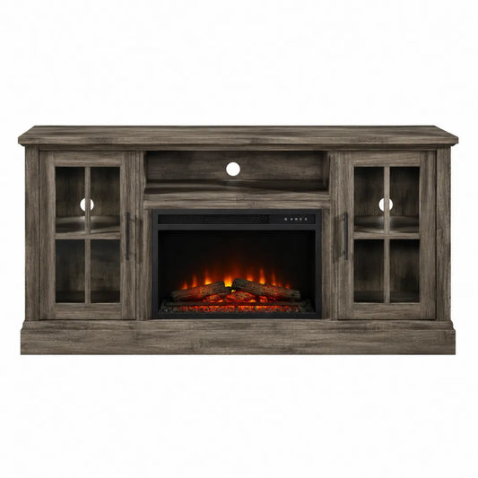 Mueble de TV de madera con chimenea eléctrica y puertas de vidrio transparente