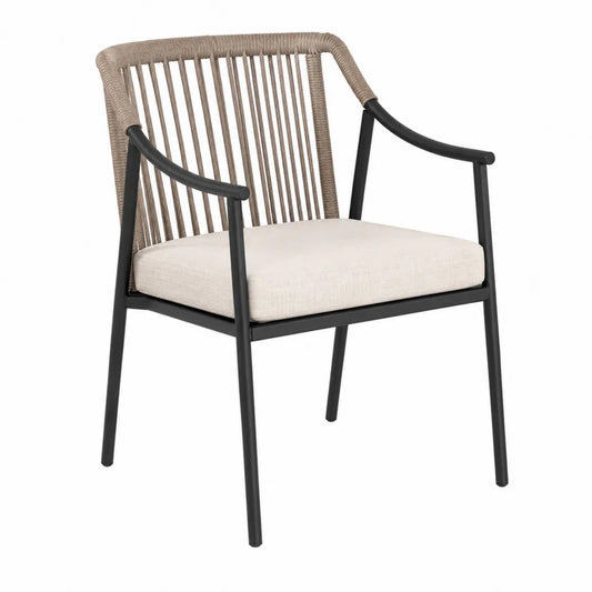 Silla de aluminio negro con respaldo de cuerda y asiento de poliéster beige