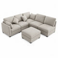 Sofá modular en L de tela beige con otomana 265x265 cm