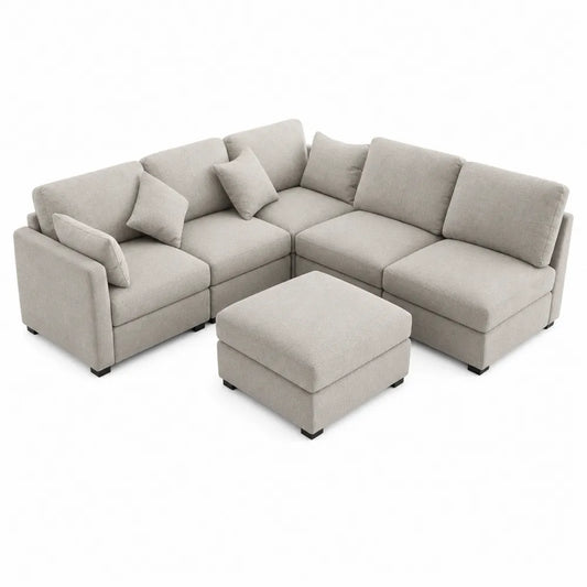 Sofá modular en L de tela beige con otomana 265x265 cm