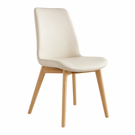 Silla de cuero sintético beige con patas de madera de roble