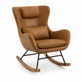 Silla mecedora de cuero sintético marrón con estructura de acero y base de madera