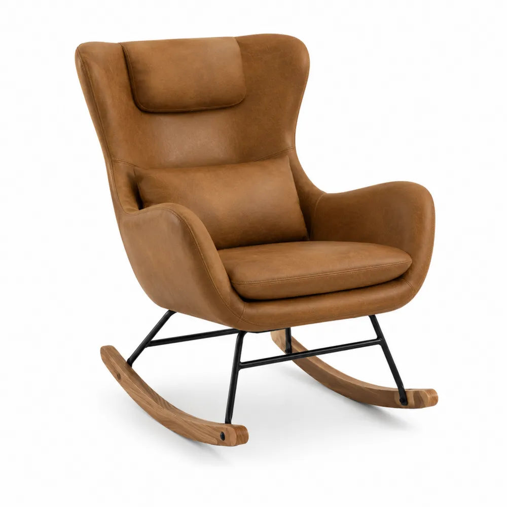 Silla mecedora de cuero sintético marrón con estructura de acero y base de madera